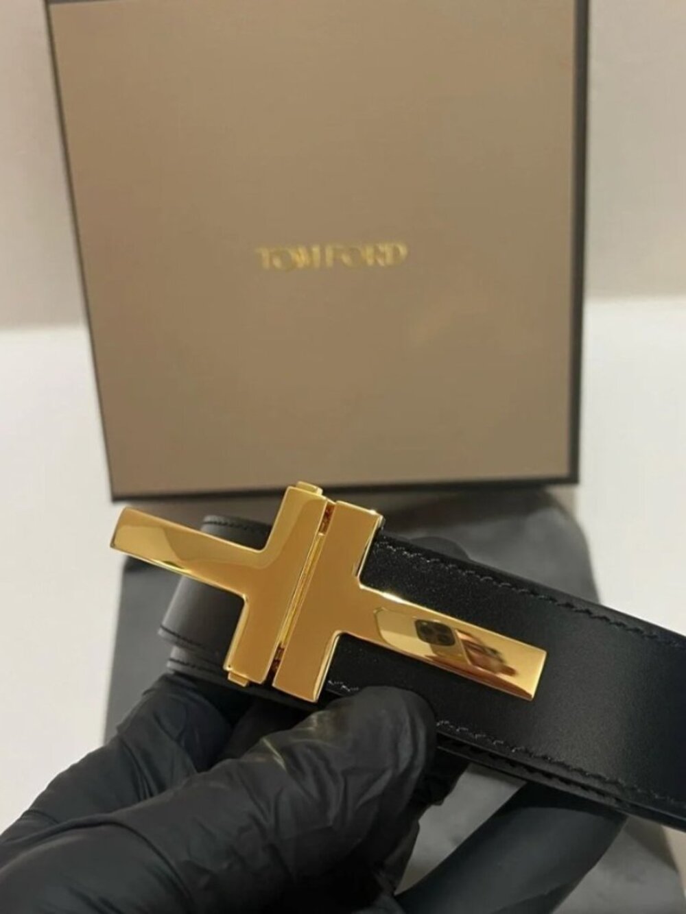 Tom Ford Smooth Leather TT Belt Gold T Buckle Size W/ Box & Dust Bag 36' Waist - Picture 2 of 8